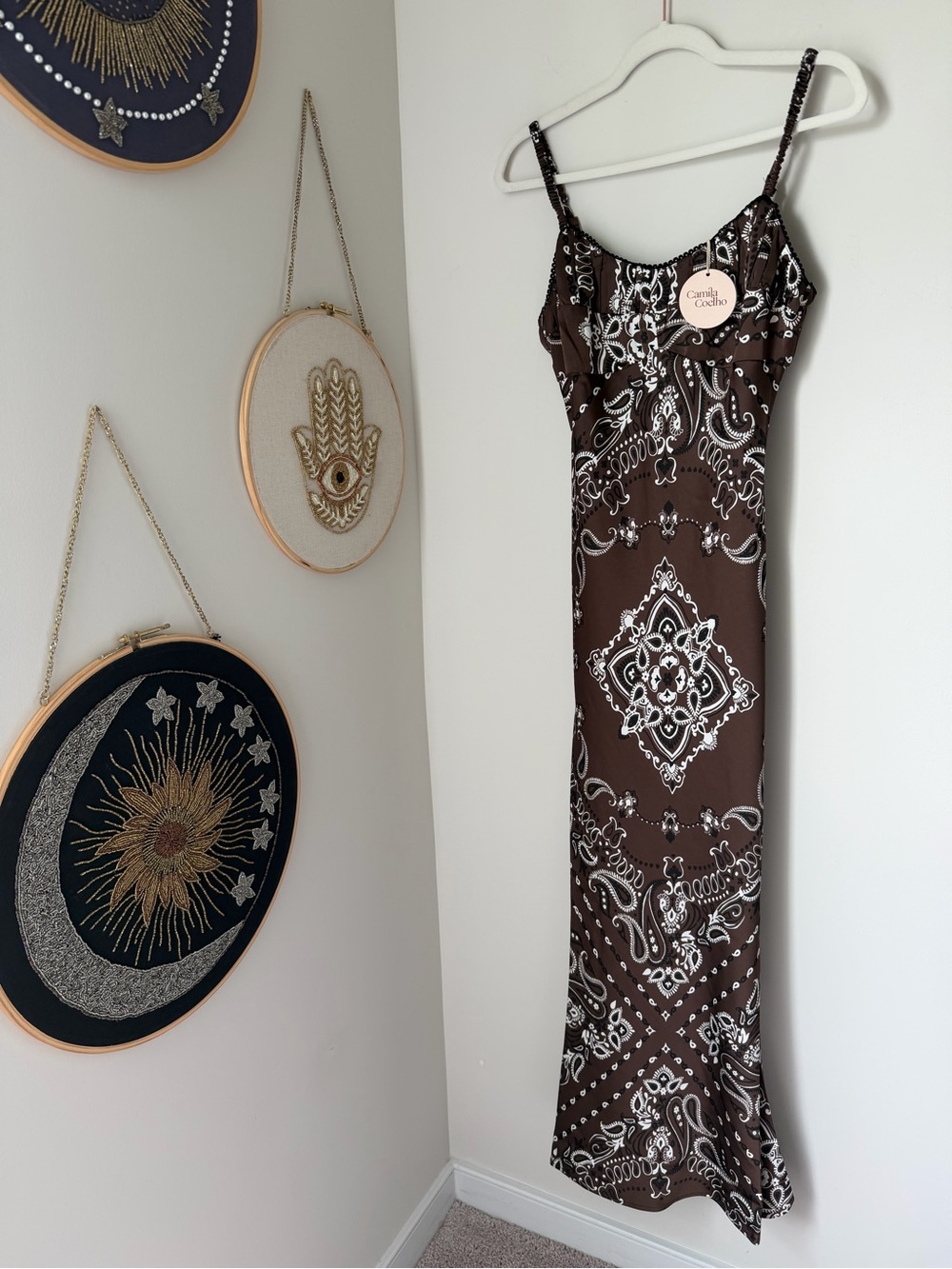 Camila Coelho Brown white Paisley Maxi Slip Dress